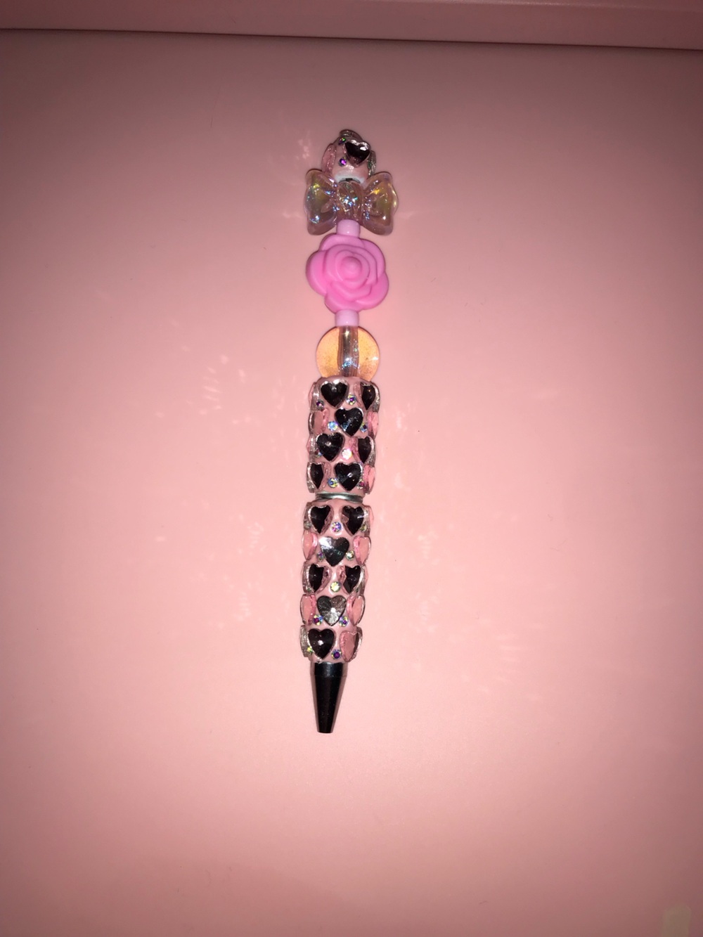 Pink Heart Beaded Pen with Rose Accent - Hand Crafted